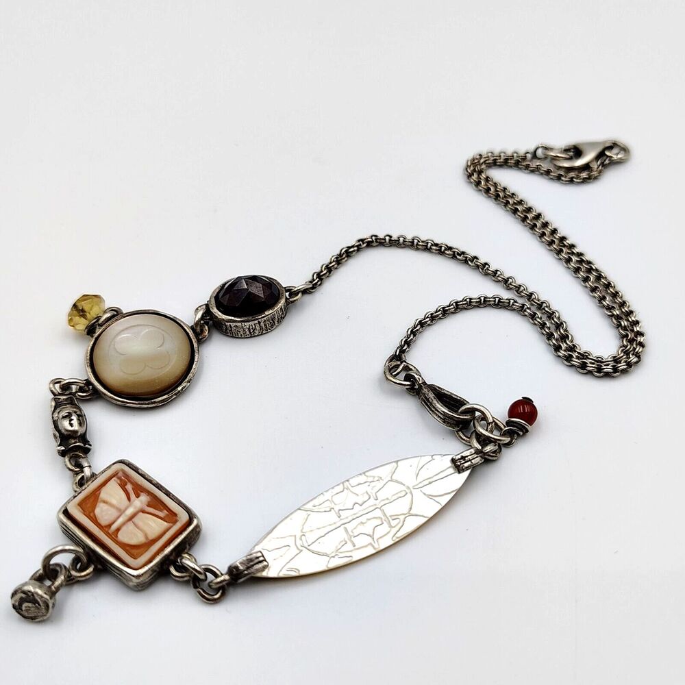 GK Studio Designer Sterling Silver 925 Gemstone MOP Cameo Eclectic Necklace 17"